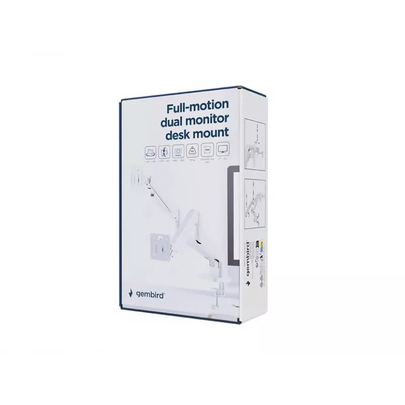Monitorhouder GEMBIRD MA-DA2-06-W voor 17–32 inch beeldschermen, tafelklem-/railmontage, wit
