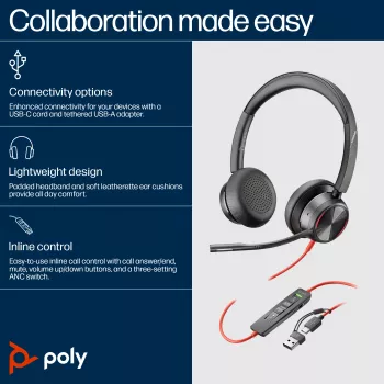 HP Poly Blackwire 8225 USB-C-headset, bedraad, kantoor/callcenter, 185 g, headset, zwart