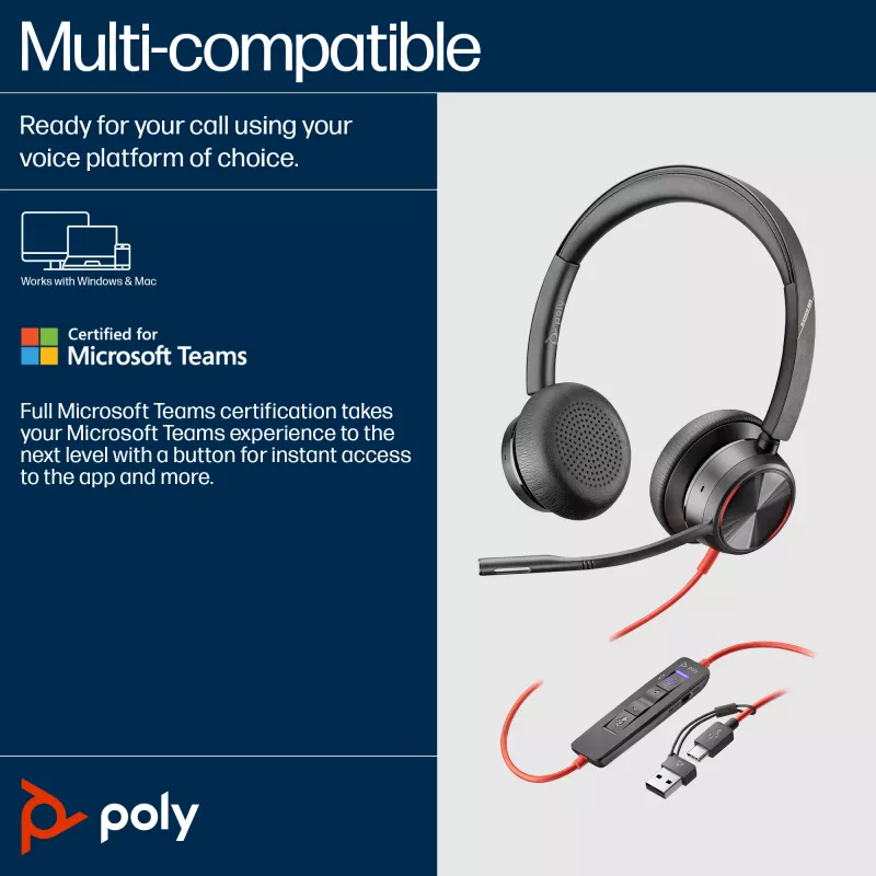 HP Poly Blackwire 8225 USB-C-headset, bedraad, kantoor/callcenter, 185 g, headset, zwart