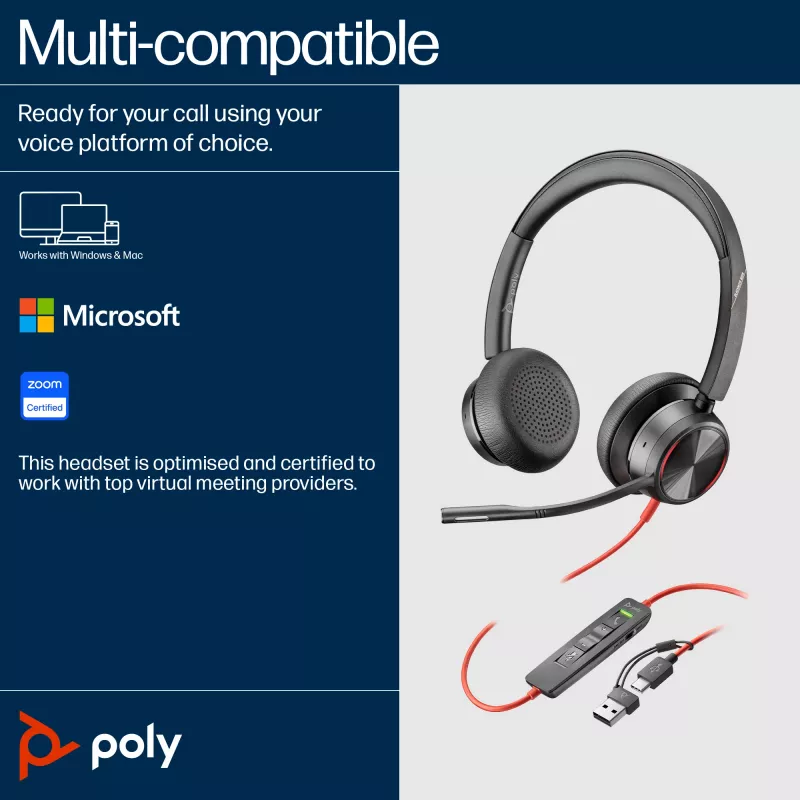 HP Poly Blackwire 8225 USB-C-headset, bedraad, kantoor/callcenter, 185 g, headset, zwart