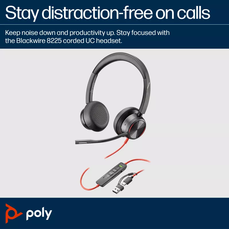 HP Poly Blackwire 8225 USB-C-headset, bedraad, kantoor/callcenter, 185 g, headset, zwart