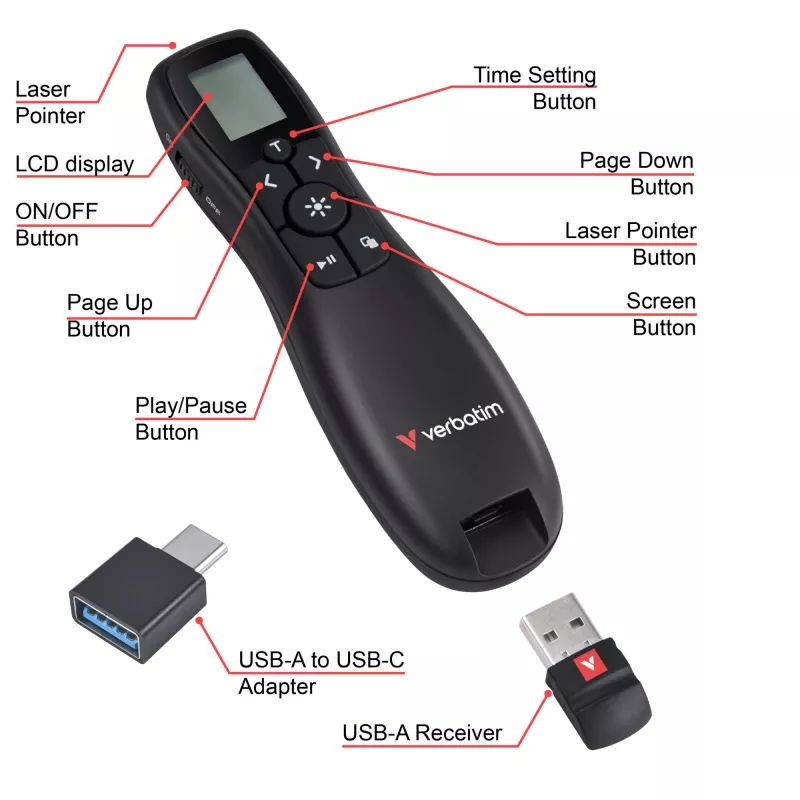 Verbatim Keynote draadloze presenter met lcd-display, RF, USB, 30 m, zwart