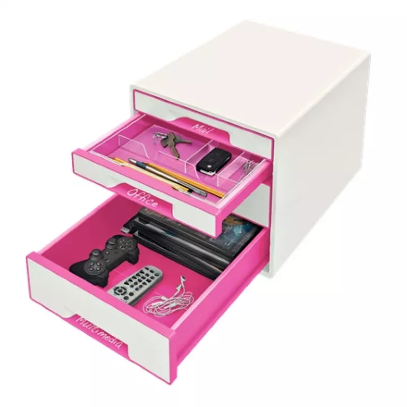 Leitz ladekast WOW Cube 4-voudig, 4 laden, kunststof, roze, wit, 1 stuk, 287 mm, 270 mm