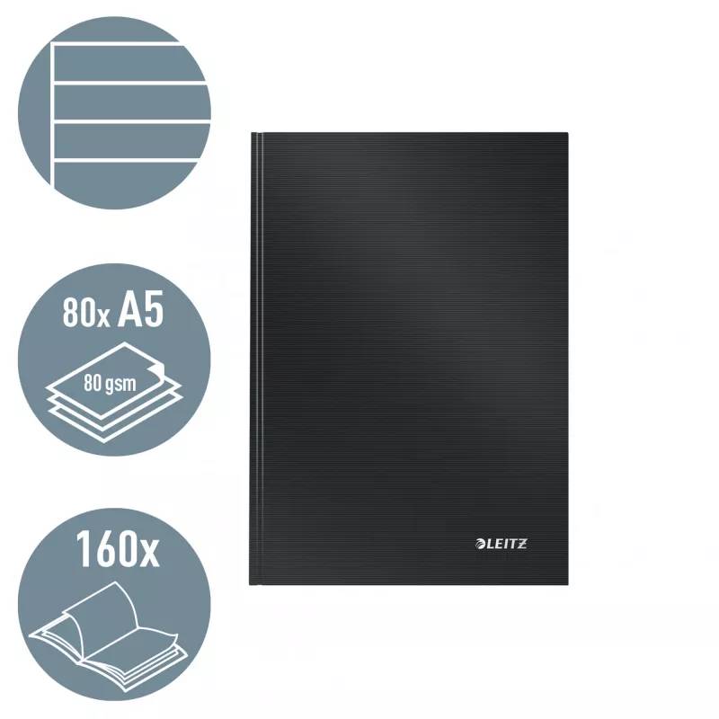 Leitz notebook Solid Hardcover A5 gelinieerd 90 g 80 vel, monochroom, zwart, A5, 80 vel, glanzend, 80 g/m²