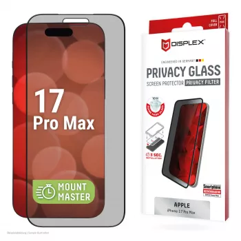 Privacy displayschermglas van gehard glas e.v.i. Displex (10H) voor Apple iPhone 17 Pro Max, kijkhoekfilter
