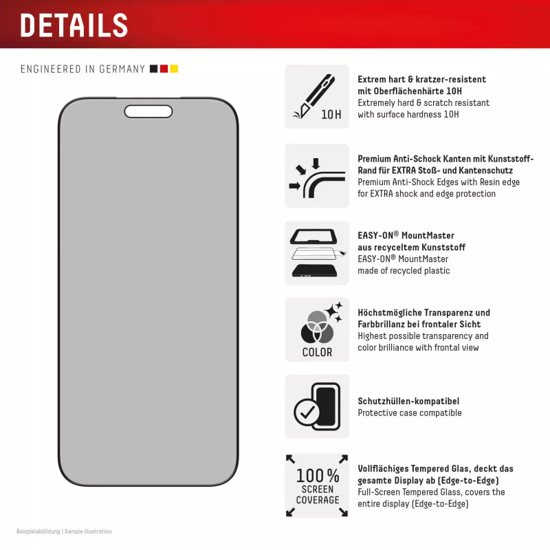 Privacy displayschermglas van gehard glas e.v.i. Displex (10H) voor Apple iPhone 17 Pro Max, kijkhoekfilter