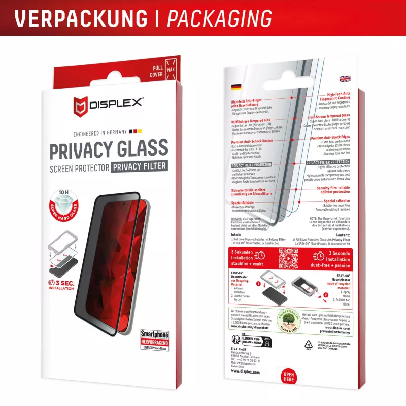 Privacy displayschermglas van gehard glas e.v.i. Displex (10H) voor Apple iPhone 17 Pro Max, kijkhoekfilter