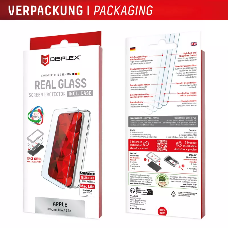 Beeldschermbeschermfolie en hoes e.v.i. Displex voor Apple iPhone 16e/17e, gehard glas, transparant, krasvast