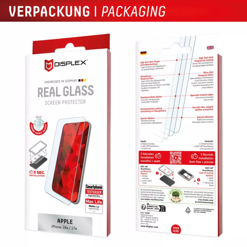 Displex (10H) gehardglas beschermfolie e.v.i. voor Apple iPhone 16e/17e — kras-, vuil- en stootvast, transparant