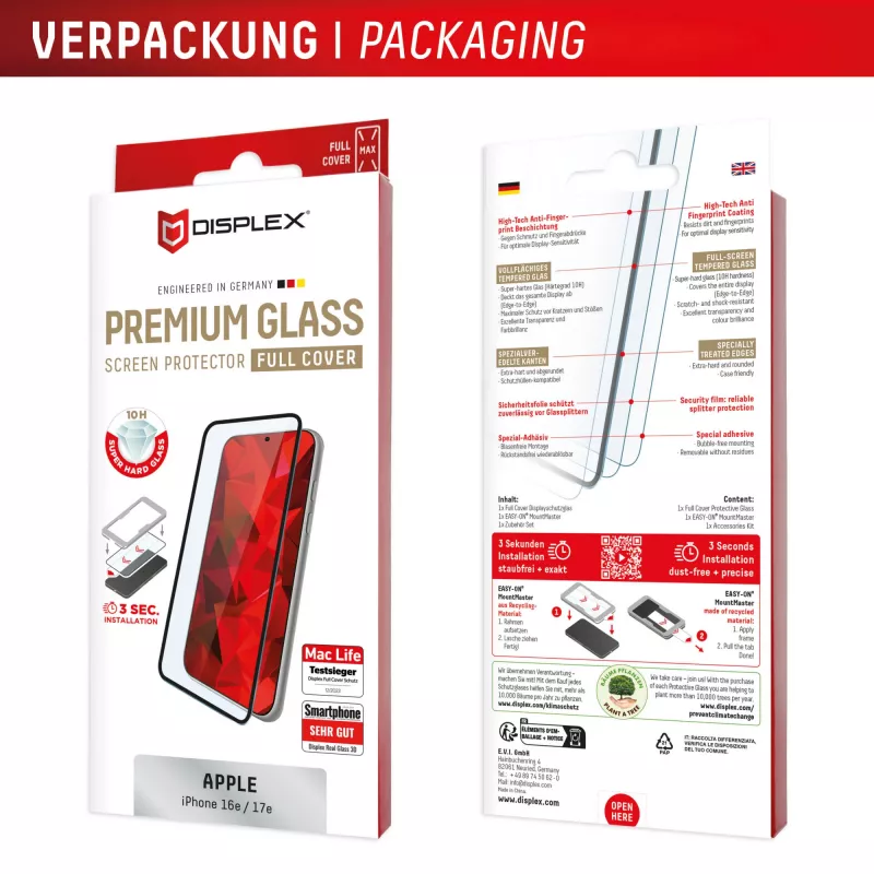 Displex Premium beschermglas van gehard glas (volledige afdekking, 10H) voor Apple iPhone 16e/17e