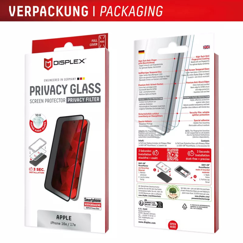 Privacy gehardglas beeldschermbescherming e.v.i. Displex (10H) voor Apple iPhone 16e/17e met privacyfilter, stoot- en krasvast