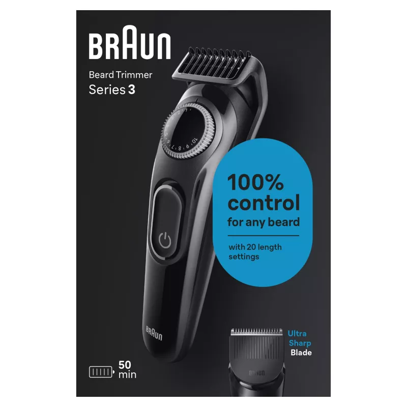 Braun BeardTrimmer 3 Beard Trm 3 BT3400, wasbaar, batterij, zwart