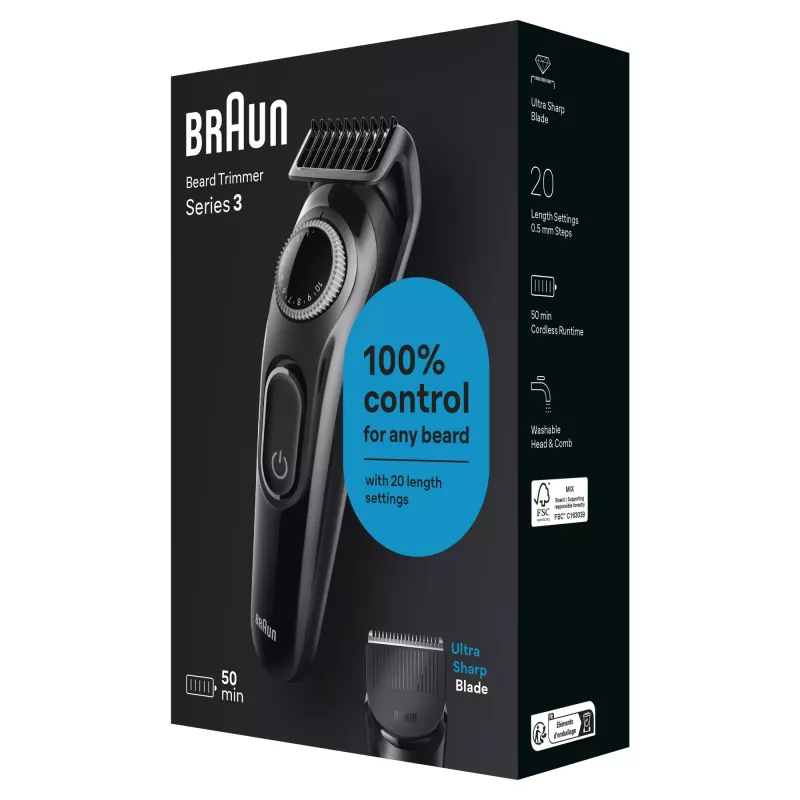 Braun BeardTrimmer 3 Beard Trm 3 BT3400, wasbaar, batterij, zwart