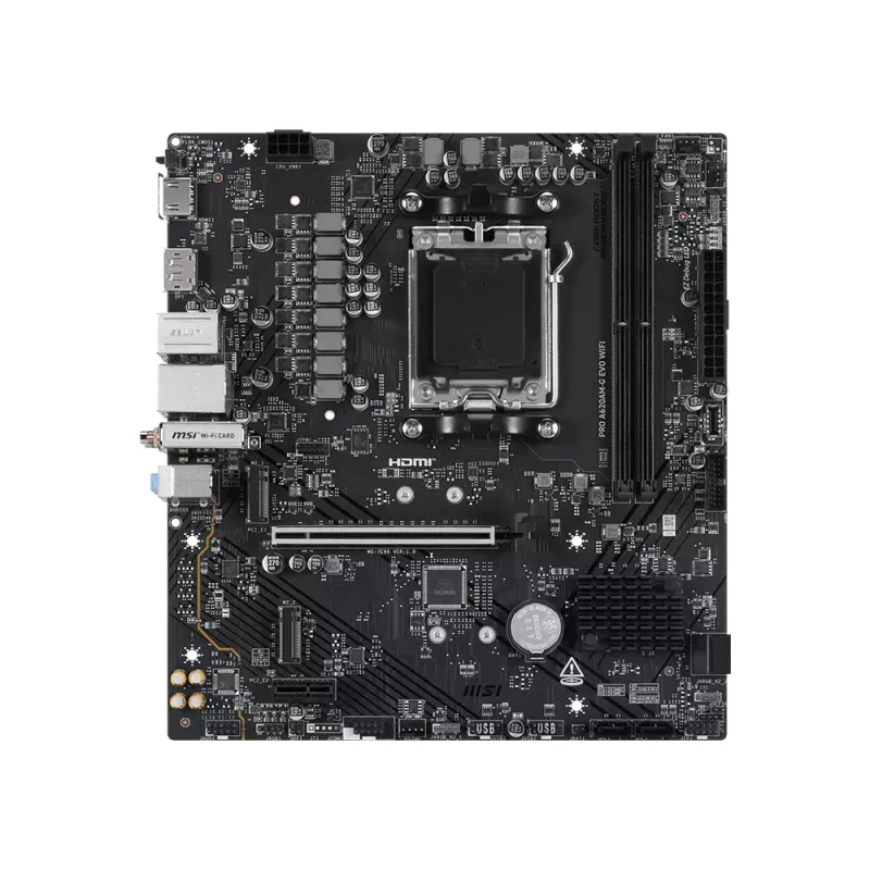 Moederbord MSI Pro A620AM-G EVO WIFI — AMD A620A-chipset, socket AM5, micro ATX, DDR5, 2 geheugenslots, Wi‑Fi 6E, 2,5Gb Ethernet