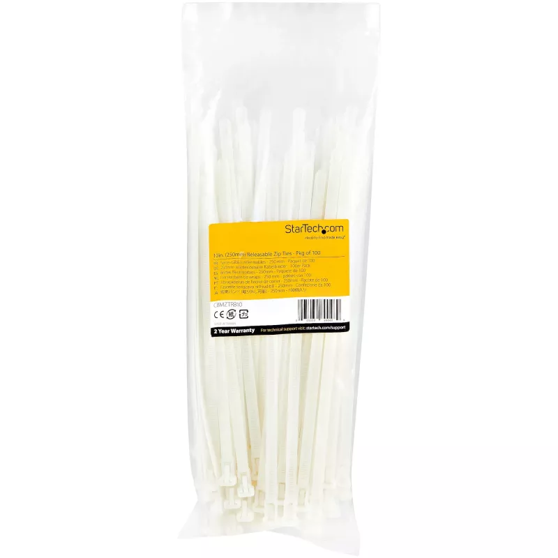 StarTech.com 25 cm herbruikbare kabelbinders – 7 mm breed, 65 mm bundeldiameter, 22 kg treksterkte, losmaakbare nylonbinders, binnen/buiten, 94V-2/UL gecertificeerd, 100-pack – wit
