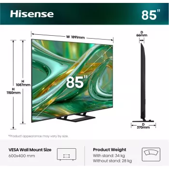 Hisense 85E8S 85 inch ULED 4K Mini LED smart-tv, 3840×2160, 400 cd/m², Wi‑Fi, HomeOS (grijs)