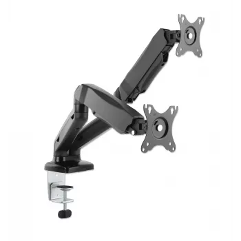 Manhattan dual-desk mount voor tv & monitors (volledig beweegbare gasdrukveerbasis), voor schermen van 10 inch tot 27 inch, C-klem of tafeldoorvoer, VESA-compatibiliteit: 75x75 en 100x100 mm – controleer de afmetingen van de vier bevestigingsgaten aan de achterkant van het scherm om te controleren of ze passen, max. 9 kg (per arm), houder