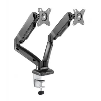 Manhattan dual-desk mount voor tv & monitors (volledig beweegbare gasdrukveerbasis), voor schermen van 10 inch tot 27 inch, C-klem of tafeldoorvoer, VESA-compatibiliteit: 75x75 en 100x100 mm – controleer de afmetingen van de vier bevestigingsgaten aan de achterkant van het scherm om te controleren of ze passen, max. 9 kg (per arm), houder