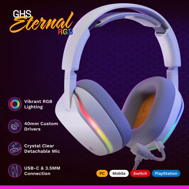 Glorious Gaming Glorious GHS Eternal RGB - stereo RGB gaming headset voor pc, PS5, PS4, Switch - individueel afgestemde hoekige drivers, verstelbare, kristalheldere afneembare microfoon, USB-C - duurzaam, comfort voor de hele dag en nacht - wit