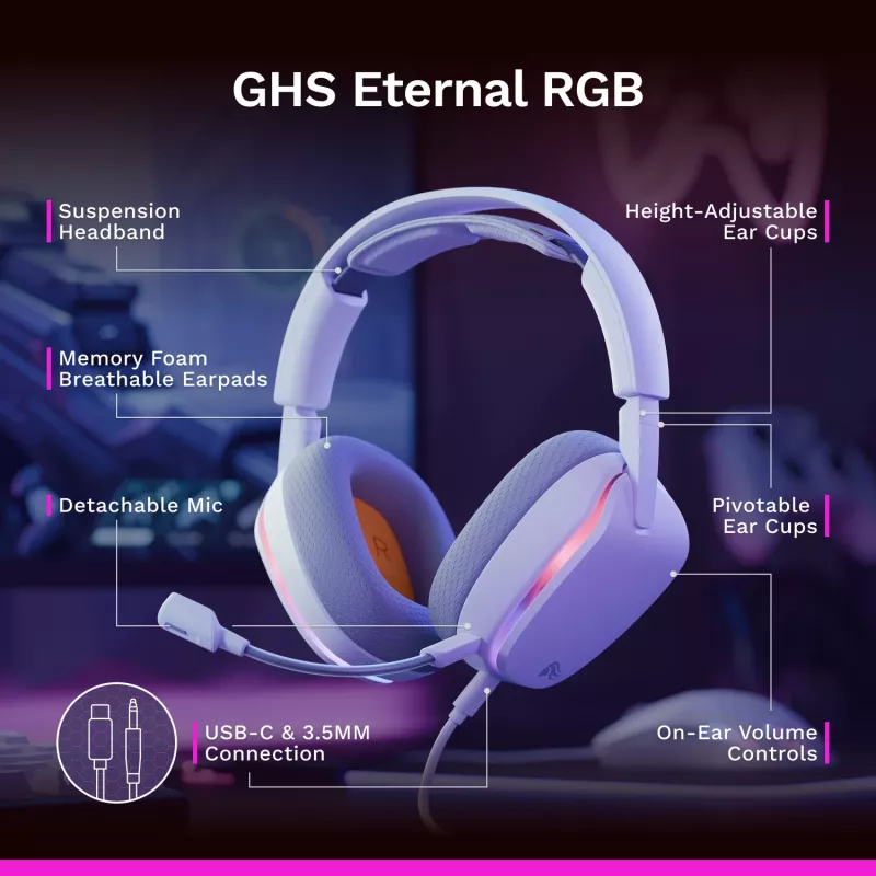 Glorious Gaming Glorious GHS Eternal RGB - stereo RGB gaming headset voor pc, PS5, PS4, Switch - individueel afgestemde hoekige drivers, verstelbare, kristalheldere afneembare microfoon, USB-C - duurzaam, comfort voor de hele dag en nacht - wit