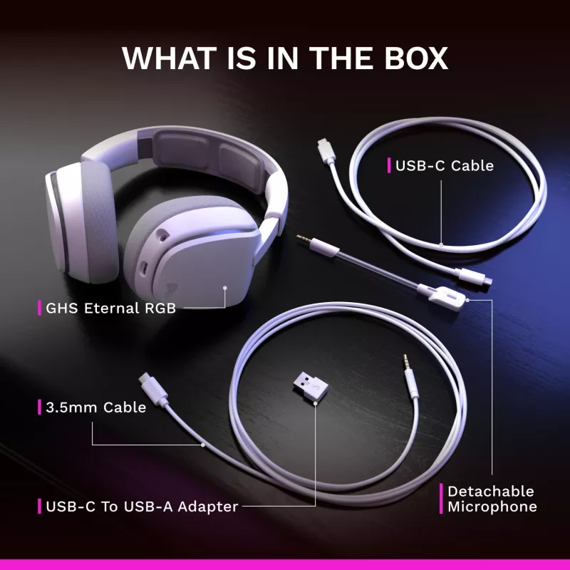 Glorious Gaming Glorious GHS Eternal RGB - stereo RGB gaming headset voor pc, PS5, PS4, Switch - individueel afgestemde hoekige drivers, verstelbare, kristalheldere afneembare microfoon, USB-C - duurzaam, comfort voor de hele dag en nacht - wit