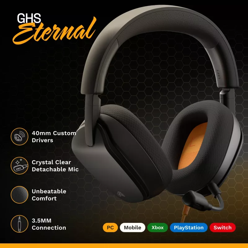 Glorious Gaming Glorious GHS Eternal - stereo gaming headset voor pc, PS5, PS4, Xbox, Switch - speciaal afgestemde hoekige drivers, verstelbare, kristalheldere, afneembare microfoon, 3,5 mm - robuust, comfort de hele dag en nacht - zwart
