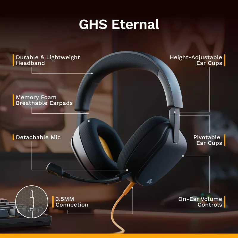 Glorious Gaming Glorious GHS Eternal - stereo gaming headset voor pc, PS5, PS4, Xbox, Switch - speciaal afgestemde hoekige drivers, verstelbare, kristalheldere, afneembare microfoon, 3,5 mm - robuust, comfort de hele dag en nacht - zwart