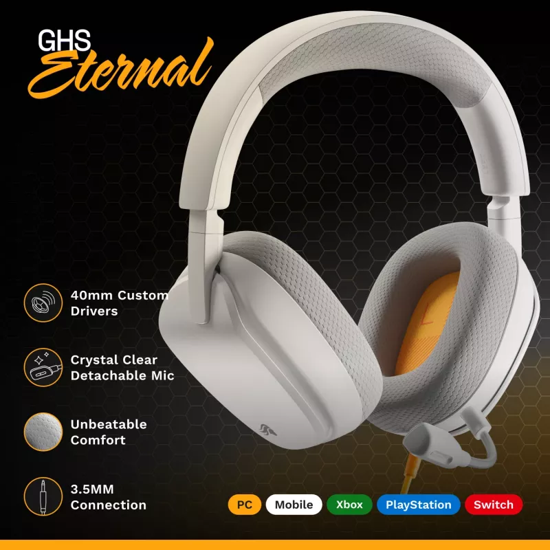 Glorious Gaming Glorious GHS Eternal - stereo gaming headset voor pc, PS5, PS4, Xbox, Switch - speciaal afgestemde hoekige drivers, verstelbare, kristalheldere, afneembare microfoon, 3,5 mm - duurzaam, comfort de hele dag en nacht - wit
