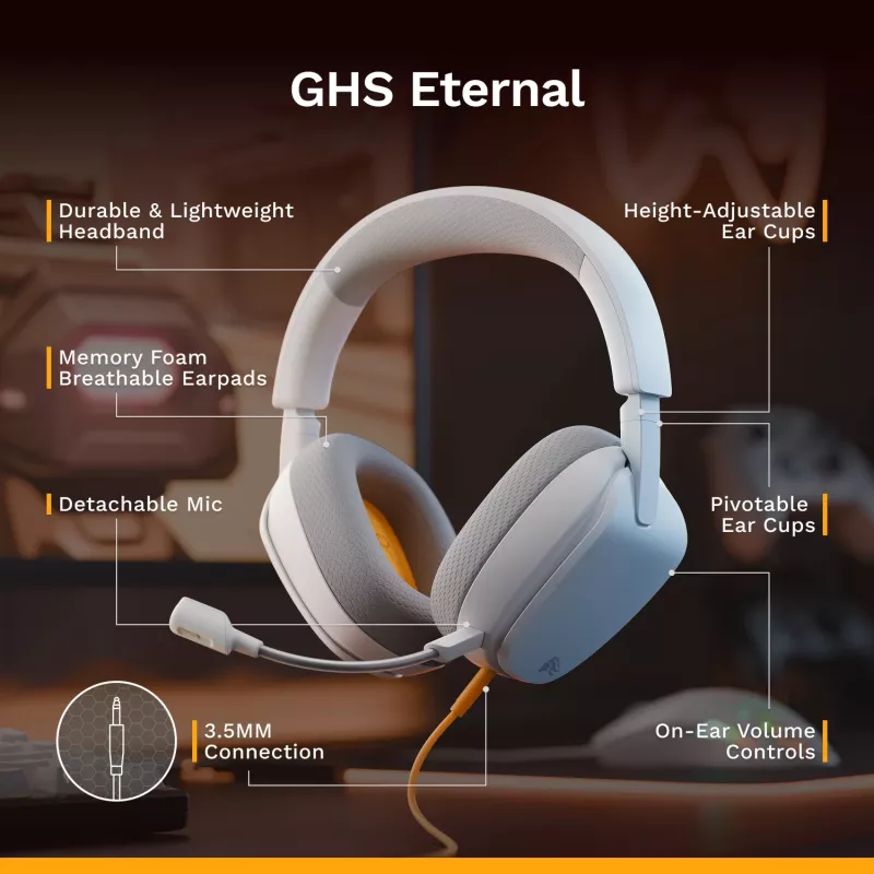 Glorious Gaming Glorious GHS Eternal - stereo gaming headset voor pc, PS5, PS4, Xbox, Switch - speciaal afgestemde hoekige drivers, verstelbare, kristalheldere, afneembare microfoon, 3,5 mm - duurzaam, comfort de hele dag en nacht - wit