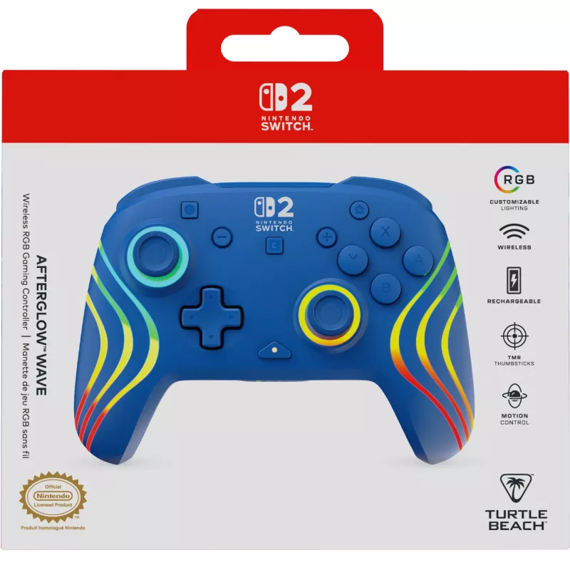 Bedrade & draadloze gamepad Turtle Beach Afterglow Wave Blue voor Nintendo Switch 2 – Bluetooth/USB-C, RGB, ingebouwde accu van 20 uur, 3 m kabel