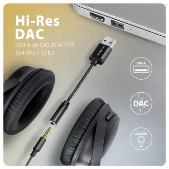 Axagon ADA-HA USB-A naar 3,5-mm-jack Hi-Res DAC audio-adapter, 384 kHz/32 bit, stereo