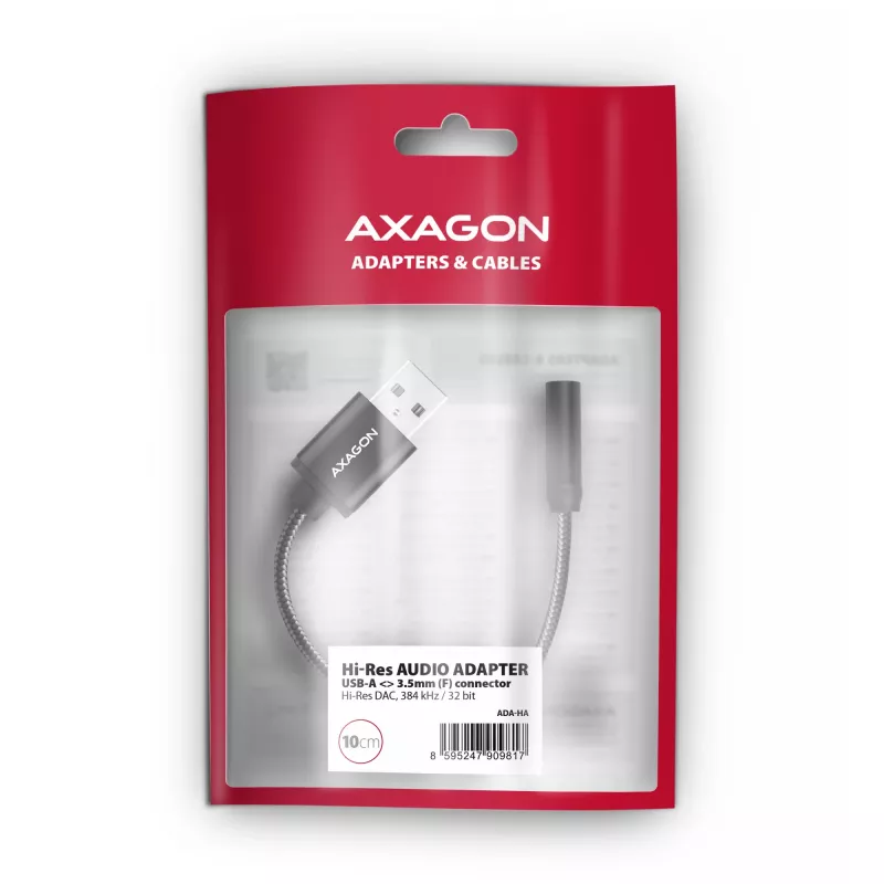 Axagon ADA-HA USB-A naar 3,5-mm-jack Hi-Res DAC audio-adapter, 384 kHz/32 bit, stereo