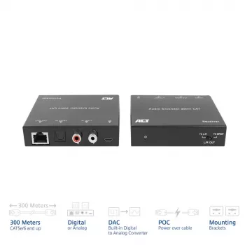 Audio-extender-set ACT AC7710 — digitaal/analoog via Cat5e/Cat6 met DAC, TOSLINK I/O, tot 300 m, 5V USB-gevoed