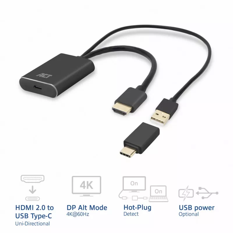 ACT HDMI naar USB Type-C bus adapter, 4K@60Hz. Kabellengte: 0,25 m, aansluiting 1: USB Type-C, aansluiting 2: HDMI + USB. Aantal per verpakking: 1 stuk
