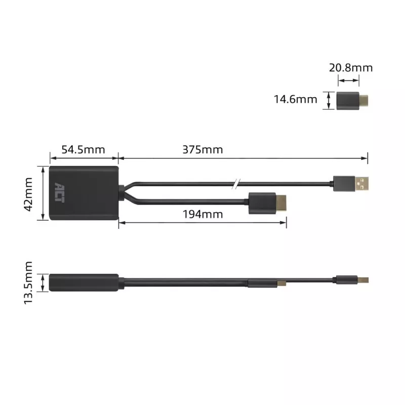 ACT HDMI naar USB Type-C bus adapter, 4K@60Hz. Kabellengte: 0,25 m, aansluiting 1: USB Type-C, aansluiting 2: HDMI + USB. Aantal per verpakking: 1 stuk