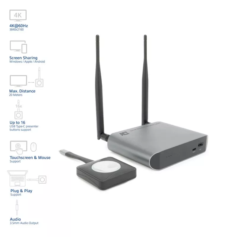 ACT Aero 4K draadloos presentatiesysteem, desktop, zwart, grijs, 3840 x 2160, 2160p, USB Type-C, USB