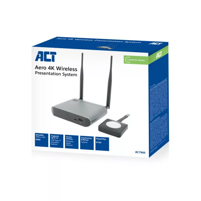 ACT Aero 4K draadloos presentatiesysteem, desktop, zwart, grijs, 3840 x 2160, 2160p, USB Type-C, USB