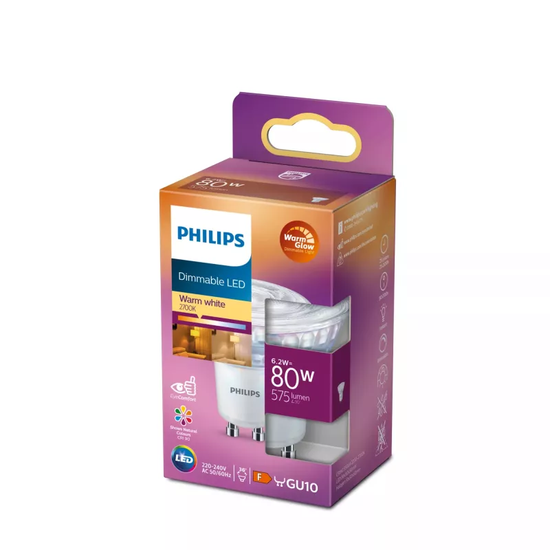 Philips spot 80W PAR16 GU10, 6,2 W, 80 W, GU10, 575 lm, 25000 h, Warmglow