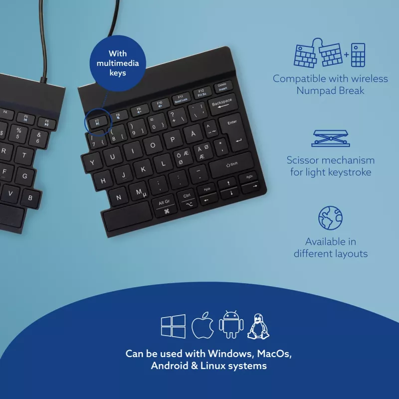R-Go Tools ergonomisch toetsenbord R-Go Split Break met pauzesoftware, ergonomisch gesplitst toetsenbord, QWERTY (NORDISCH), Bluetooth, zwart