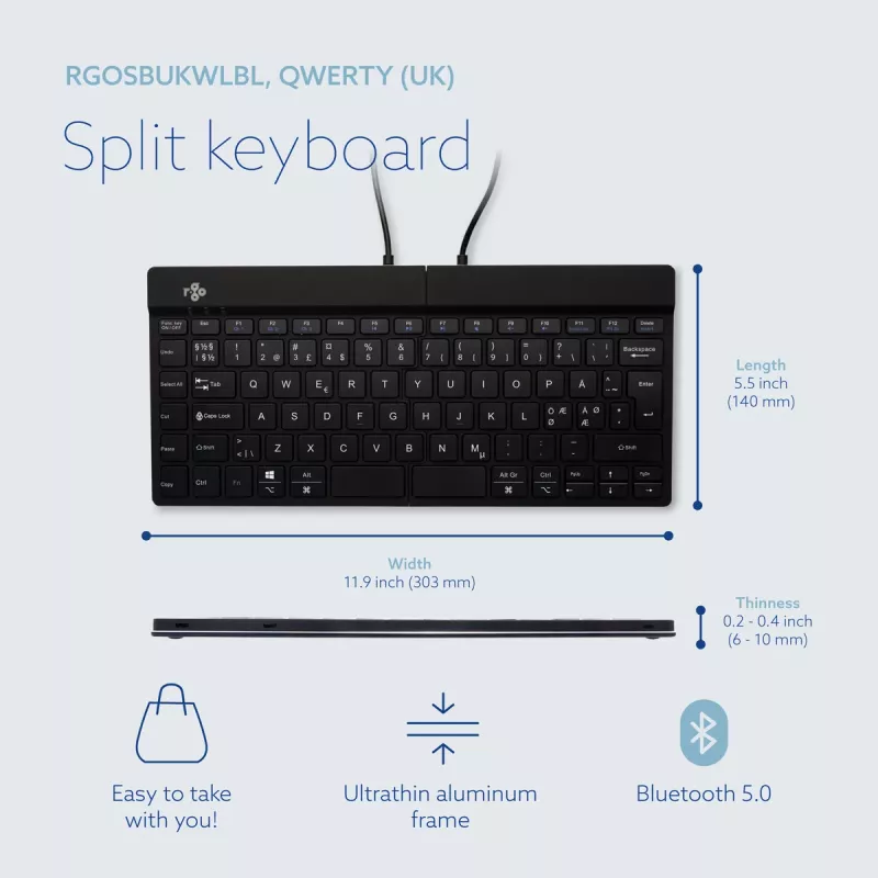 R-Go Tools ergonomisch toetsenbord R-Go Split Break met pauzesoftware, ergonomisch gesplitst toetsenbord, QWERTY (NORDISCH), Bluetooth, zwart