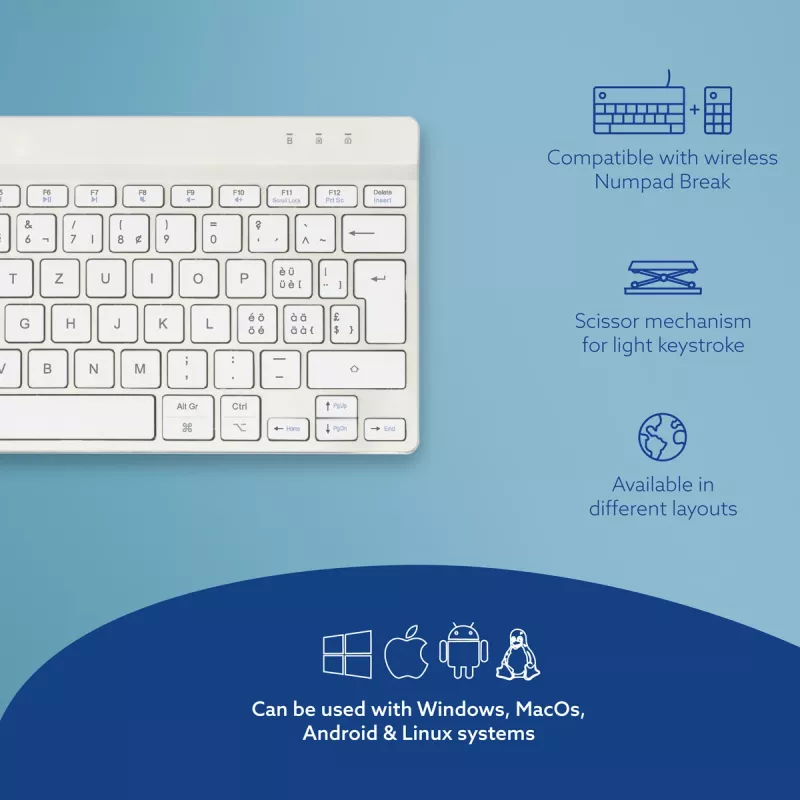 R-Go Tools ergonomisch toetsenbord R-Go Compact Break, compact toetsenbord met pauzesoftware, QWERTZ (CH), Bluetooth, wit