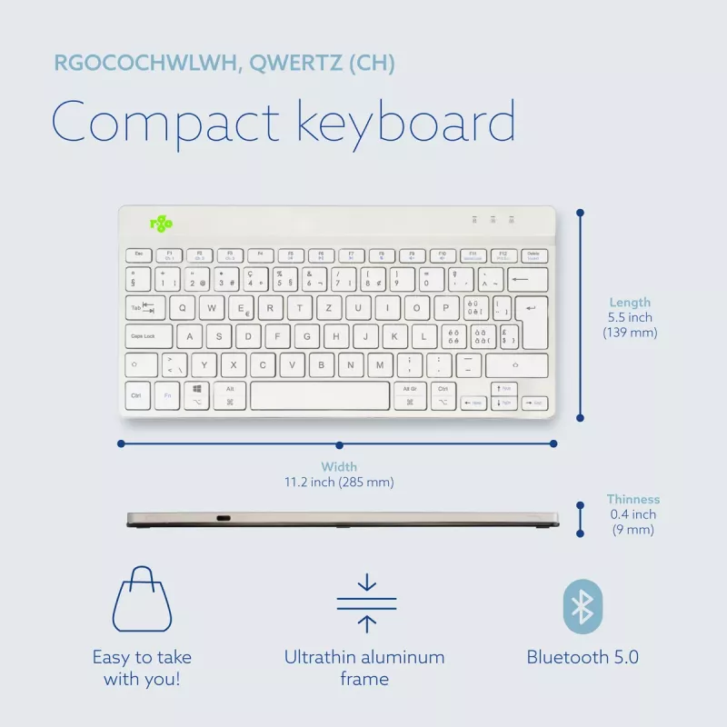 R-Go Tools ergonomisch toetsenbord R-Go Compact Break, compact toetsenbord met pauzesoftware, QWERTZ (CH), Bluetooth, wit