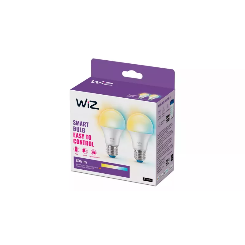 WiZ lamp 60W A60 E27 x2, slimme lamp, Wi-Fi/Bluetooth, wit, Wi-Fi 4 (802.11n), 802.11b, 802.11g, LED, E27
