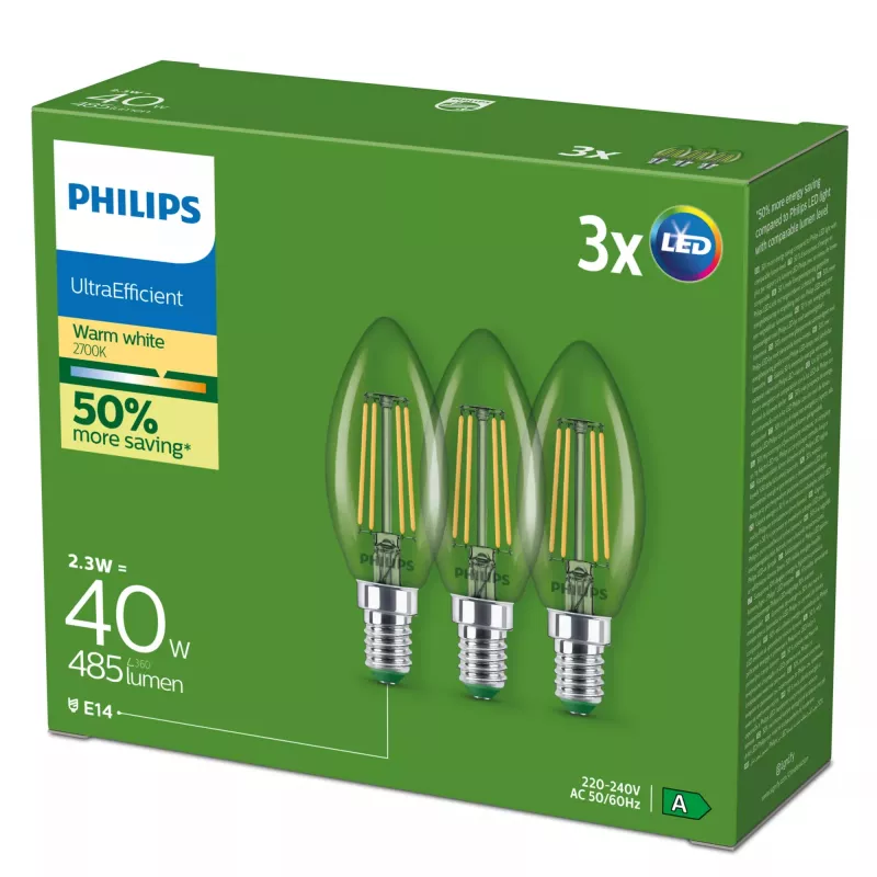 Philips filament candle clear 40 W B35 E14 x3, 2,3 W, 40 W, E14, 485 lm, 50000 h, warmwit