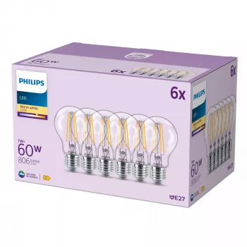 Philips filamentgloeilamp helder 60 W A60 E27 x6, 7 W, 60 W, E27, 806 lm, 15000 h