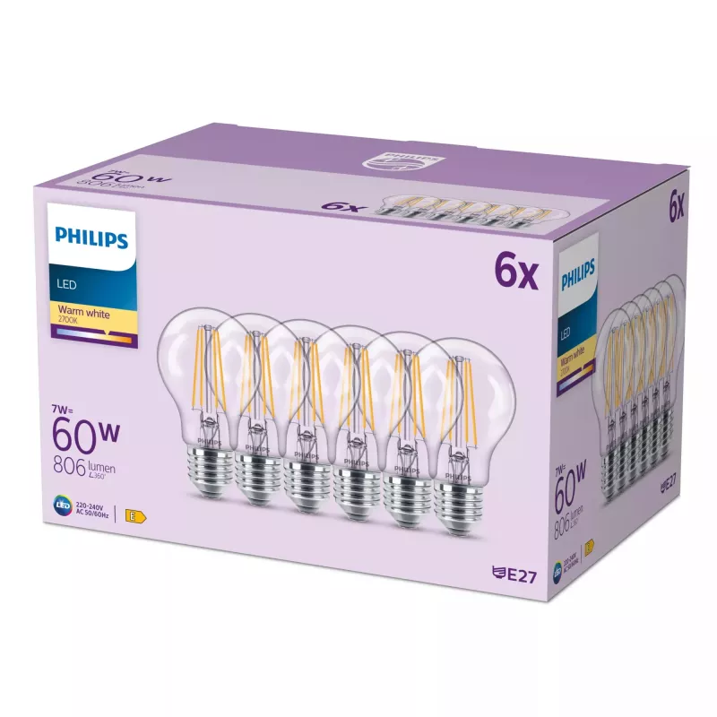 Philips filamentgloeilamp helder 60 W A60 E27 x6, 7 W, 60 W, E27, 806 lm, 15000 h