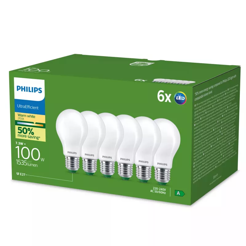 Philips Ultra Efficient LED-lamp E27 A60, 7,3 W (equivalent van 100 W), 2700 K, 6-pack