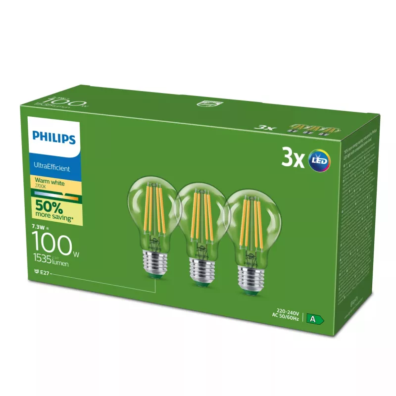 Philips Ultra Efficient LED-lamp E27 A60, 7,3 W (equivalent van 100 W), 2700 K, 3-pack