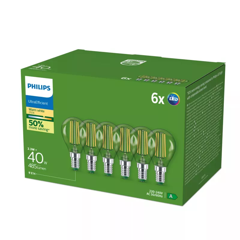 Philips Ultra Efficient LED-lamp E14 P45, 2,1 W (equivalent van 40 W), 2700 K, 6-pack