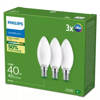 Philips Ultra Efficient LED-lamp E14 B35, 2,1 W (equivalent van 40 W), 2700 K, 3-pack